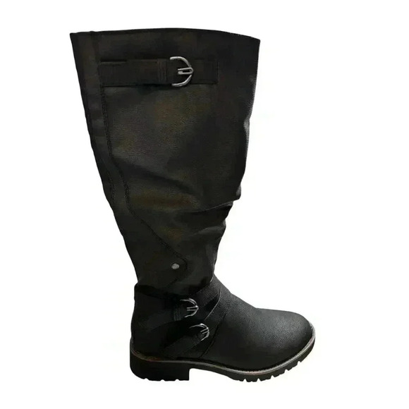 SUN STONE Womens Black Stretch Brinley Round Toe Block Heel Riding Boot 7.5 M - Picture 2 of 8
